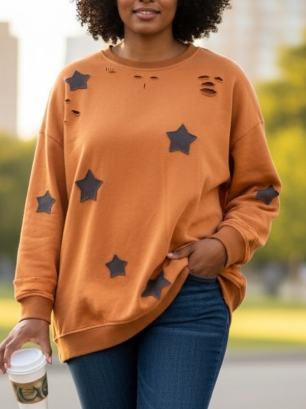Star Destroyed Women's Sweatshirt Long Sleeves Orange Black Size 2 XL